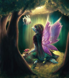 Rule 34 | 2013, cape, commentary, dark, day, drugal, english commentary, eye contact, fairy wings, flying, forest, grass, highres, hood, hoodie, kneeling, krawk, light, looking at another, nature, neopets, payoki, shoes, signature, sunlight, tree, wings, yellow eyes