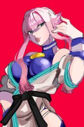 Rule 34 | blue eyes, dougi, flipped hair, hand on own hip, hand up, highres, hip vent, manon legrand, martial arts belt, off shoulder, pink hair, red background, s0gaharahen, short hair with long locks, sidelocks, simple background, spandex, street fighter, street fighter 6, thick lips, wristband