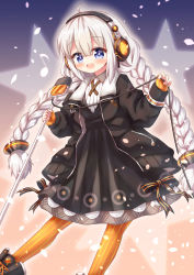 Rule 34 | 1girl, :d, ahoge, bad id, bad pixiv id, black bow, black dress, black footwear, black jacket, blue eyes, blush, boots, bow, braid, collared dress, commentary request, dress, eighth note, fingerless gloves, gloves, hair between eyes, highres, holding, holding microphone, jacket, kizuna akari, long hair, long sleeves, looking at viewer, low twintails, microphone, musical note, open clothes, open jacket, open mouth, orange gloves, orange pantyhose, pantyhose, puffy long sleeves, puffy sleeves, silver hair, sleeves past wrists, smile, solo, star (symbol), striped bow, striped clothes, striped gloves, striped pantyhose, teeth, twin braids, twintails, upper teeth only, vertical-striped clothes, vertical-striped gloves, vertical-striped pantyhose, very long hair, vocaloid, voiceroid, waste (arkaura)