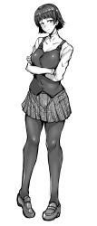 Rule 34 | 1girl, absurdres, breasts, crossed arms, gggg, greyscale, highres, leggings, looking at viewer, medium breasts, monochrome, niijima makoto, pantyhose, persona, persona 5, plaid, plaid skirt, short hair, skirt, solo, white background