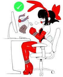 Rule 34 | 1boy, animal ears, ass, ball gag, bdsm, black hair, bondage, bound, bound legs, bound wrists, bow, breath, chair, cibastion, collar, computer, earrings, fake animal ears, from side, gag, gagged, gaming posture (meme), gloves, hair bow, hair ribbon, high heels, highres, jewelry, keyboard (computer), leotard, male focus, male playboy bunny, original, playboy bunny, rabbit ears, rabbit tail, red eyes, red footwear, red thighhighs, ribbon, scythe (cibastion), short hair, sitting, solo, spiked collar, spikes, tape, tape bondage, thighhighs, trap, wide hips