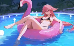 1girl alternate_costume bikini black_bikini blush breasts cleavage commentary_request crossed_legs droopy_ears genshin_impact hair_between_eyes highres inflatable_flamingo innertube large_breasts long_hair looking_at_viewer navel pink_hair pool purple_eyes smile solo stomach swim_ring swimsuit very_long_hair xiehou_nangong yae_miko