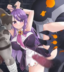 Rule 34 | 1girl, aether sage (elsword), ahoge, aisha landar, arms up, blush, bound, bound wrists, breasts, brooch, censored, chain, closed mouth, colored skin, cowboy shot, dot nose, dress, elsword, glaring, grey skin, group sex, imminent penetration, imminent vaginal, indoors, jewelry, large breasts, leg grab, leg lift, long hair, looking at another, monster, mosaic censoring, penis, pink ribbon, purple eyes, purple hair, ribbon, short dress, standing, standing on one leg, sula (s ra760), white dress