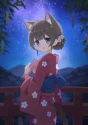 Rule 34 | 1girl, absurdres, animal ears, blue eyes, blush, cat ears, cat girl, cat tail, floral print, flower, from behind, hair bun, hair flower, hair ornament, highres, holding tanzaku, indie virtual youtuber, itigori ena, japanese clothes, kimono, long sleeves, looking at viewer, looking back, mole, mole under eye, mountainous horizon, night, night sky, obi, open mouth, outdoors, railing, sash, sky, solo, star (sky), starry sky, tail, tanabata, tanzaku, tyakomis, virtual youtuber, wide sleeves