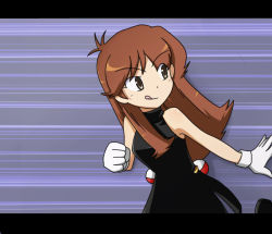 Rule 34 | 1girl, arm at side, armpits, artist request, bare shoulders, black dress, black footwear, blue eyes, boots, breasts, brown hair, clenched hand, creatures (company), dress, earrings, eyelashes, feet up, female focus, game freak, gloves, green (pokemon), hand up, jewelry, legs, long hair, looking to the side, medium breasts, neck, nintendo, poke ball, pokemon, pokemon adventures, running, shiny clothes, short dress, side slit, sidelocks, sleeveless, sleeveless dress, sleeveless turtleneck, smile, thighs, tongue, tongue out, turning head, turtleneck, turtleneck dress, waist poke ball, white gloves