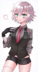 Rule 34 | 1girl, bandaged arm, bandages, black gloves, black shorts, black vest, blush, breasts, collared shirt, dress shirt, facial scar, fate/apocrypha, fate/grand order, fate (series), gloves, green eyes, grey shirt, hair between eyes, highres, jack the ripper (fate/apocrypha), jack the ripper (memory of qualia) (fate), looking at viewer, necktie, rain (roromi), scar, scar across eye, scar on cheek, scar on face, shirt, short hair, short shorts, shorts, small breasts, smile, solo, thighhighs, thighs, vest, white hair