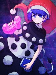 Rule 34 | 1girl, black capelet, black dress, blob, blush, book, boots, capelet, commentary request, doremy sweet, dream soul, dream world (touhou), dress, floating, full body, hair between eyes, hat, highres, holding, holding book, looking at viewer, moon, multicolored clothes, multicolored dress, natako k, nightcap, purple eyes, purple hair, red hat, santa hat, short hair, short sleeves, smile, solo, tail, tapir tail, touhou, white background, white dress