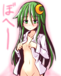 Rule 34 | 10s, 1girl, blush, bottomless, crescent, crescent hair ornament, dress shirt, green eyes, green hair, groin, hair ornament, ichimi, kantai collection, matching hair/eyes, nagatsuki (kancolle), naked shirt, navel, open clothes, open mouth, open shirt, out-of-frame censoring, personification, shirt, solo