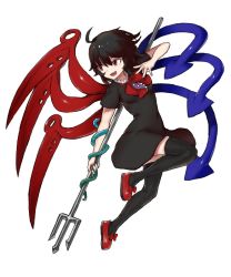 Rule 34 | :d, ahoge, asymmetrical wings, black dress, black hair, black thighhighs, bow, bowtie, breasts, center frills, dress, artistic error, flipped hair, footwear ribbon, frills, from side, hair between eyes, highres, holding, holding polearm, holding spear, holding weapon, houjuu nue, looking away, mary janes, matinmorgen, medium breasts, midair, open mouth, polearm, red bow, red bowtie, red eyes, red footwear, shoes, short dress, short hair, short sleeves, simple background, smile, snake, solo, spear, thighhighs, touhou, trident, twisted torso, weapon, white background, wings, zettai ryouiki