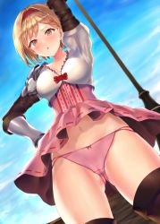 Rule 34 | 1girl, :o, arm guards, arm up, armor, blonde hair, blue sky, blush, boots, breasts, brown eyes, brown footwear, cameltoe, cleavage, collarbone, cowboy shot, day, djeeta (granblue fantasy), from below, granblue fantasy, hair intakes, hairband, hand on own hip, highres, kagutsuchi (l&#039;archange), looking at viewer, looking down, miniskirt, navel, open mouth, outdoors, panties, pink panties, pink skirt, red hairband, red ribbon, ribbon, shirt, short hair, shoulder armor, skirt, sky, solo, standing, thigh boots, thighhighs, thighs, underwear, white shirt, wind, wind lift