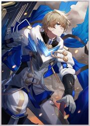 1boy blonde_hair blue_eyes border bruise bruise_on_face coat embers feet_out_of_frame gepard_landau gloves hair_over_one_eye highres holding holding_shield honkai:_star_rail honkai_(series) injury looking_ahead male_focus official_art one_eye_covered pants serious shield short_hair solo third-party_source white_border white_coat white_gloves white_pants