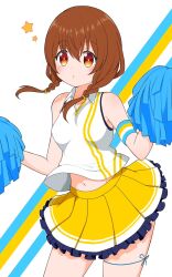 Rule 34 | 1girl, armband, bare shoulders, braid, brown eyes, brown hair, cheerleader, commentary request, floating clothes, goririnmaru, hair ornament, hair scrunchie, highres, looking at viewer, low twin braids, midriff, navel, parted lips, pom pom (cheerleading), scrunchie, shimazu masamune, shirt, simple background, skirt, sleeveless, sleeveless shirt, solo, standing, star (symbol), tenka hyakken, twin braids, white shirt, wing collar, yellow skirt, yellow trim