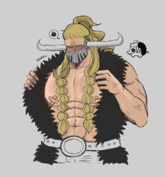 Rule 34 | 1boy, abs, animalization, bandaid, bandaids on nipples, bare pectorals, blonde hair, blush, braided sidelock, cropped legs, doodle inset, highres, horns, jack (one piece), large pectorals, long hair, male focus, mask, mouth mask, muscular, muscular male, nipples, one piece, opened by self, pasties, pectorals, pleading eyes, solo, spoken squiggle, squiggle, strongman waist, tearing up, wodon (neotidon)