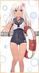 Rule 34 | 10s, 1girl, :d, bad anatomy, bad feet, blonde hair, blue eyes, breasts, cameltoe, cowboy shot, crop top, flower, hair flower, hair ornament, highres, kantai collection, lifebuoy, long hair, looking at viewer, open mouth, outstretched hand, poorly drawn, ro-500 (kancolle), sailor collar, school swimsuit, school uniform, serafuku, simple background, small breasts, smile, solo, swim ring, swimsuit, swimsuit under clothes, tan, tanline, torpedo, tsuchikure, white background