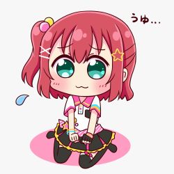 Rule 34 | 1girl, alternate hairstyle, aqua eyes, artist name, artist request, black gloves, black legwear, black skirt, blush, bow, bow legwear, bracelet, braveheart coaster, braveheart coaster (love live!), breasts, chibi, clenched hands, clothes writing, collarbone, collared shirt, cyaron (love live!), earrings, female focus, fingerless gloves, frilled skirt, frills, full body, gloves, green eyes, hair between eyes, hair bobbles, hair ornament, hairclip, jewelry, kurosawa ruby, looking at viewer, love live!, love live! school idol festival, love live! sunshine!!, miniskirt, no shoes, parted lips, pink bow, plaid, plaid skirt, pleated, pleated skirt, ponytail, red hair, shirt, short hair, short sleeves, side ponytail, single fingerless glove, single glove, skirt, small breasts, smile, solo, star (symbol), star earrings, star hair ornament, sweatdrop, white background, white shirt, wing collar, x hair ornament