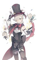 Rule 34 | 1girl, 2boys, absurdres, animal ears, black headwear, black shorts, bow, card, cat ears, cat girl, cat tail, closed mouth, confetti, detached sleeves, freminet (genshin impact), genshin impact, gloves, grey hair, grin, hair between eyes, hair over one eye, hand on headwear, hat, highres, looking at viewer, lynette (genshin impact), lyney (genshin impact), male focus, mini person, miniboy, minigirl, multiple boys, playing card, shorts, smile, sparkle, suyoko01, tail, teardrop facial mark, thighhighs, top hat, white background