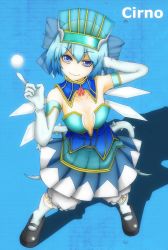 Rule 34 | 1girl, bare shoulders, bloomers, blue eyes, blue hair, blue rose (tiger &amp; bunny), blue rose (tiger &amp; bunny) (cosplay), blue theme, breasts, cirno, cleavage, cosplay, dress, elbow gloves, gloves, gradient hair, hand in own hair, highres, ice, k23, mary janes, matching hair/eyes, multicolored hair, raised eyebrow, shoes, short hair, skirt, solo, superhero costume, tiger &amp; bunny, touhou, underwear, uneven eyes, wings