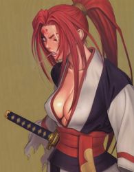 Rule 34 | 1girl, amputee, angry, arc system works, baiken, breasts, cleavage, clenched teeth, covered erect nipples, facial mark, forehead mark, guilty gear, haori, japanese clothes, large breasts, lips, lipstick, long hair, looking at viewer, looking back, makeup, no bra, obi, one-eyed, open clothes, open shirt, pink eyes, ponytail, profile, red eyes, red hair, red lips, samurai, sash, scan, scar, scar across eye, scar on face, scrunchie, sheath, shirt, sidelocks, solo, standing, sword, teeth, torn clothes, tsukasa jun, weapon, wide sleeves