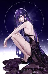 Rule 34 | 1girl, absurdres, artist name, backless dress, backless outfit, black footwear, dress, hair ornament, hand on own face, high heels, highres, hoshino ai (oshi no ko), long hair, oshi no ko, patent heels, pumps, purple eyes, purple hair, ringeko-chan, shoes, solo, sparkle, squatting, star (symbol), star in eye, stiletto heels, symbol-shaped pupils, symbol in eye, very long hair