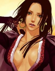 Rule 34 | 1girl, amazon warrior, black hair, boa hancock, breasts, cape, cleavage, earrings, female focus, green eyes, jewelry, lace, lily (artist), long hair, lowres, one piece, open clothes, open shirt, pirate, realistic, shirt, solo