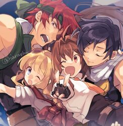 2boys 2girls agate_crosner blonde_hair blue_eyes blue_hair closed_eyes closed_mouth commentary_request eiyuu_densetsu estelle_bright green_headband headband hug joshua_bright multiple_boys multiple_girls one_eye_closed open_mouth orange_eyes orange_hair purple_eyes red_hair riarashu scar scar_on_face scarf sora_no_kiseki teeth tita_russell v white_scarf