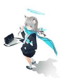 Rule 34 | 1girl, absurdres, animal ear fluff, animal ears, bag, black bag, black jacket, black skirt, blue archive, blue eyes, blue halo, blue scarf, commentary request, cross hair ornament, from above, full body, grey hair, hair ornament, halo, hand in pocket, hand up, hckc8750, highres, jacket, long hair, long sleeves, looking at viewer, looking up, mismatched pupils, pleated skirt, scarf, scarf pull, school bag, shadow, shiroko (blue archive), shirt, shoes, simple background, skirt, socks, solo, standing, white background, white shirt, white socks, wolf ears