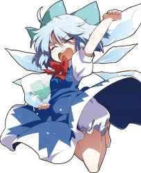 Rule 34 | 1girl, ^ ^, akaneya, bloomers, blue dress, blue hair, bow, cirno, closed eyes, dress, frog, frozen, frozen frog, hair bow, ice, ice wings, jumping, open mouth, puffy short sleeves, puffy sleeves, raised fist, shirt, short sleeves, simple background, solo, teeth, touhou, underwear, upskirt, wings
