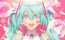 Rule 34 | 1girl, :d, angel wings, bare shoulders, blue eyes, blue hair, blue necktie, bubble, close-up, eighth note, electric angel (vocaloid), eyelashes, facepaint, feathers, frills, hair between eyes, happy, hatsune miku, headset, heart, looking at viewer, musical note, necktie, open mouth, pink background, round teeth, saihate (d3), shirt, simple background, sleeveless, sleeveless shirt, smile, solo, sparkle, sparkle background, star (symbol), starry background, teeth, twintails, upper body, upper teeth only, vocaloid, white shirt, wings