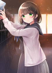Rule 34 | 1girl, arms up, bad id, bad pixiv id, black sailor collar, black serafuku, black shirt, black skirt, blunt bangs, blush, book, bookshelf, brown hair, cardigan, closed mouth, commentary request, cowboy shot, fang, fang out, from side, green eyes, grey cardigan, highres, indoors, long sleeves, looking at viewer, looking to the side, minami saki, open cardigan, open clothes, original, pleated skirt, sailor collar, school uniform, serafuku, shirt, short hair, skirt, smile, solo, tareme, window