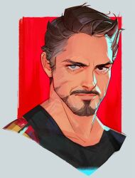 Rule 34 | 1boy, anoiue, blue eyes, brown eyes, brown hair, facial hair, goatee, grey background, grey hair, heterochromia, highres, lips, male focus, marvel, marvel cinematic universe, multicolored hair, mustache, outside border, portrait, red background, short hair, solo, tony stark, two-tone background, two-tone hair