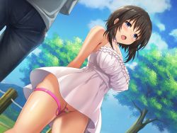 Rule 34 | 1girl, azuki yui, bandaid, bandaid on pussy, bare legs, bare shoulders, black hair, blue eyes, blush, breasts, character request, cloud, day, dress, dutch angle, egg vibrator, embarrassed, from below, groin, highres, kyonyuu inaka musume to sugosu ecchi na natsuyasumi, large breasts, legs, looking at viewer, medium hair, mountain, nature, no bra, no panties, open mouth, outdoors, pussy, sex toy, skindentation, sky, solo focus, standing, sundress, thigh strap, thighs, tree, vibrator, white dress