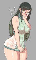 Rule 34 | 1girl, :o, agawa ryou, artist name, bare shoulders, blush, breasts, clothes pull, commentary, covered erect nipples, covered navel, cowboy shot, dated, dress, dress pull, english commentary, glasses, green dress, green hair, grey background, groin, hand on own face, large breasts, long hair, looking at viewer, microdress, numbered, open mouth, original, puffy nipples, ribbed dress, see-through, see-through dress, sideboob, sidelocks, simple background, skindentation, sleeveless, solo, swept bangs, thick thighs, thighs, turtleneck, yellow eyes
