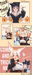 Rule 34 | !?, ..., 10s, 2girls, :d, :t, absolutemabbak, animal ear fluff, animal ears, animal hands, basket, blonde hair, blush, brown eyes, cape, claw pose, comic, commentary, common raccoon (kemono friends), copyright name, corset, eating, english commentary, english text, extra ears, fangs, fennec (kemono friends), food, fox ears, fox tail, fur trim, gloves, halloween, halloween costume, heart, highres, japari symbol, kemono friends, lucky beast (kemono friends), multicolored hair, multiple girls, open mouth, paw gloves, pointy ears, smile, spoken ellipsis, spoken heart, tail, trick or treat, white gloves, white hair, yuri