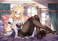 Rule 34 | 1girl, abigail williams (fate), alternate costume, artistic error, bad anatomy, bed, bed sheet, black dress, black panties, blonde hair, blue eyes, blush, breasts, canopy bed, clothes lift, commentary request, corset, curtains, dress, enmaided, fate/grand order, fate (series), feet, frills, full body, half-closed eyes, indoors, lifting own clothes, light smile, long hair, looking at viewer, maid, no shoes, on bed, panties, pantyhose, parted bangs, pillow, puffy short sleeves, puffy sleeves, red-framed eyewear, semi-rimless eyewear, shirokuma a, short sleeves, sidelocks, sitting, skirt, skirt lift, small breasts, soles, solo, striped clothes, striped pantyhose, thighband pantyhose, toes, underwear, vertical-striped clothes, vertical-striped pantyhose, very long hair, wrist cuffs