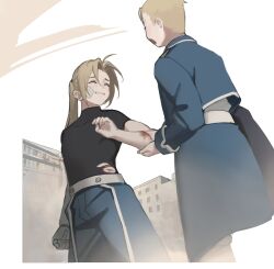 Rule 34 | 1boy, 1girl, absurdres, ahoge, bandage on face, bandages, black shirt, blonde hair, blood, blood on arm, blue jacket, blue pants, blue skirt, building, cbow, closed eyes, cowboy shot, cropped jacket, edward elric, fullmetal alchemist, hair up, highres, injury, jacket, long sleeves, mechanical arms, military, military uniform, open mouth, outdoors, pants, parted bangs, parted lips, ponytail, riza hawkeye, shirt, short sleeves, single mechanical arm, skirt, tight clothes, tight shirt, turtleneck, uniform