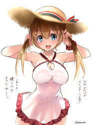 Rule 34 | 1girl, aqua eyes, blonde hair, breasts, casual one-piece swimsuit, covered erect nipples, covered navel, cowboy shot, dress, frills, kantai collection, large breasts, long hair, looking at viewer, low twintails, one-piece swimsuit, open mouth, prinz eugen (kancolle), short dress, simple background, smile, solo, swimsuit, takase muh, twintails, twitter username, white background, white dress