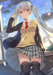Rule 34 | 1girl, alexmaster, backlighting, black jacket, black thighhighs, blazer, blue sky, blurry, blush, brown eyes, buttons, closed mouth, cloud, cloudy sky, collared shirt, commentary request, day, dutch angle, floating hair, grey skirt, hair tie, hand up, highres, indoors, jacket, long hair, looking at viewer, miniskirt, moe2019, necktie, off shoulder, original, petals, plaid, plaid skirt, pleated skirt, red necktie, school uniform, shirt, sidelocks, silver hair, skirt, sky, solo, sunlight, sweater, thighhighs, tree, twintails, undershirt, very long hair, white shirt, wind, wing collar, yellow sweater, zettai ryouiki