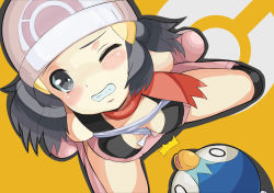 Rule 34 | 1girl, ^^^, bare shoulders, between breasts, black eyes, black hair, blush, boots, breasts, cleavage, clenched teeth, covered erect nipples, creatures (company), dawn (pokemon), embarrassed, from above, game freak, gen 4 pokemon, hair ornament, hairclip, hat, makoto daikichi, medium breasts, miniskirt, nintendo, one eye closed, piplup, pokemon, pokemon (creature), red scarf, scarf, simple background, skirt, teeth, wavy mouth, wince, wink
