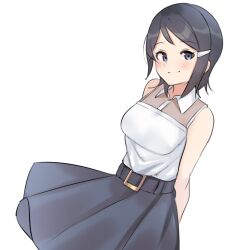 Rule 34 | 1girl, aa211108, arms behind back, bare arms, bare shoulders, belt buckle, black hair, black skirt, blue eyes, blush, breasts, buckle, closed mouth, collar, collared shirt, cowboy shot, dot nose, eyelashes, hair ornament, hairpin, idolmaster, idolmaster dearly stars, large breasts, light smile, looking at viewer, medium hair, mizutani eri, parted bangs, shirt, simple background, skirt, sleeveless, sleeveless shirt, solo, straight hair, white background, white collar, wind, wind lift