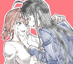 Rule 34 | 2girls, anger vein, awa subaru, black hair, blue eyes, blue shirt, brown hair, commentary request, eye contact, girls band cry, hair ribbon, hand on another&#039;s face, hand on another&#039;s shoulder, highres, iseri nina, long hair, looking at another, multiple girls, open mouth, outline, pink background, ribbon, shirt, short twintails, simple background, tsuyudashimirin, twintails, upper body, white outline, white ribbon, white shirt, yuri