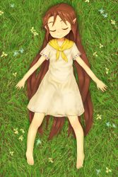 Rule 34 | 1girl, absurdres, bad id, bad pixiv id, barefoot, brown hair, child, dress, closed eyes, grass, hayake (chenran), highres, long hair, lying, malon, nintendo, on back, pointy ears, sleeping, smile, solo, the legend of zelda, the legend of zelda: ocarina of time, very long hair