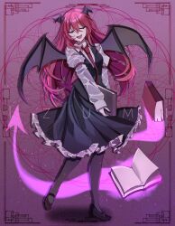 Rule 34 | 1girl, black footwear, black pantyhose, black skirt, black vest, black wings, book, breasts, closed eyes, collared shirt, commentary, demon girl, demon wings, fang, frilled skirt, frills, full body, hair between eyes, head wings, highres, holding, holding book, izumi 481, juliet sleeves, koakuma, koakuma day, long bangs, long hair, long sleeves, mary janes, medium breasts, necktie, open book, open mouth, pantyhose, puffy sleeves, purple background, red hair, red necktie, shirt, shoes, skirt, skirt set, smile, solo, touhou, vest, white shirt, wings
