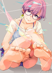 Rule 34 | 1girl, barefoot, bracelet, breasts, cleavage, collarbone, eyelashes, feet, foot focus, glasses, jewelry, lips, masshu, mole, mole under eye, one-piece swimsuit, original, own hands together, purple eyes, purple hair, see-through, short hair, sitting, smile, soles, solo, swimsuit, toes