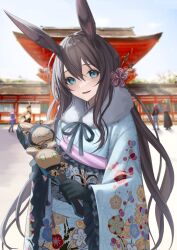 Rule 34 | 5girls, amiya (arknights), animal ears, architecture, arknights, black gloves, black hair, blue eyes, blue kimono, blush, ch&#039;en (arknights), day, east asian architecture, floral print, frilled sleeves, frills, fur collar, gloves, hagoita, holding, hoshiguma (arknights), japanese clothes, kimono, lin (arknights), long hair, long sleeves, looking at viewer, multiple girls, obi, outdoors, paddle, parted lips, rabbit ears, roki (shouka65), sash, smile, swire (arknights), upper body, very long hair, wide sleeves
