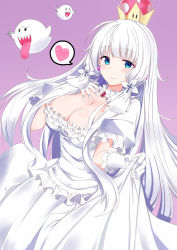 Rule 34 | 1girl, 2others, absurdres, arashiki mamizu, azur lane, blue eyes, blunt bangs, blush, boo (mario), breasts, cleavage, clothes lift, cosplay, cowboy shot, crown, detached collar, dress, dress lift, elbow gloves, frilled gloves, frills, ghost, gloves, hair ornament, heart, highres, illustrious (azur lane), jewelry, large breasts, lifting own clothes, long hair, looking at viewer, low twintails, luigi&#039;s mansion, mario (series), mole, mole under eye, multiple others, nintendo, princess king boo, princess king boo (cosplay), puffy short sleeves, puffy sleeves, purple background, short sleeves, simple background, smile, solo, spoken heart, super crown, twintails, white dress, white gloves, white hair