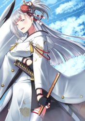 Rule 34 | 1girl, arm under breasts, azur lane, black gloves, blue sky, breasts, cloud, cloudy sky, flower, from below, gloves, hair flower, hair ornament, half gloves, highres, japanese clothes, katana, kimono, large breasts, long hair, mimkai, partially fingerless gloves, red flower, sheath, sheathed, shoukaku (azur lane), sky, solo, sword, weapon, white eyes, white hair, white kimono, wide sleeves