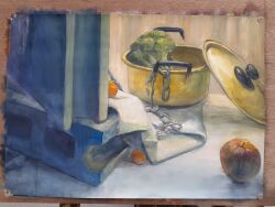 Rule 34 | apple, brick, broccoli, chain, concrete, cooking pot, food, fruit, highres, napkin, no humans, original, painting (medium), red apple, shee take, still life, traditional media, vegetable