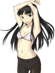 Rule 34 | 1girl, amagi yukiko, armpits, arms up, atlus, bra, breasts, lingerie, looking at viewer, myu-po, navel, panties, panties under pantyhose, pantyhose, persona, persona 4, simple background, small breasts, solo, underwear, underwear only