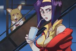 Rule 34 | 1girl, breasts, collar, cowboy bebop, cup, derivative work, dog, drinking straw, drinking straw in mouth, ein (cowboy bebop), faye valentine, hairband, holding, holding cup, indoors, lipstick, makeup, medium breasts, purple hair, red collar, screenshot redraw, stairs, welsh corgi, wstaudrey, yellow hairband