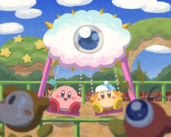 Rule 34 | afterimage, baseball cap, blue eyes, blue headwear, blush stickers, cloud, electricity, food, hat, ice cream, kirby, kirby (series), kracko, looking at viewer, miclot, nintendo, no humans, open mouth, orange eyes, outdoors, park, smile, star (symbol), swing, waddle dee, waddle doo
